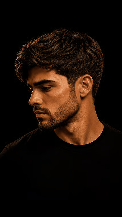 Barba alinhada com fade em perfil masculino