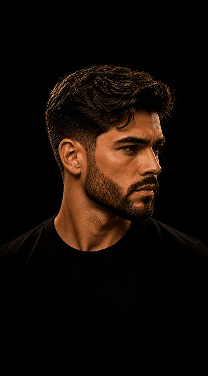 Corte com risco lateral e barba alinhada em perfil